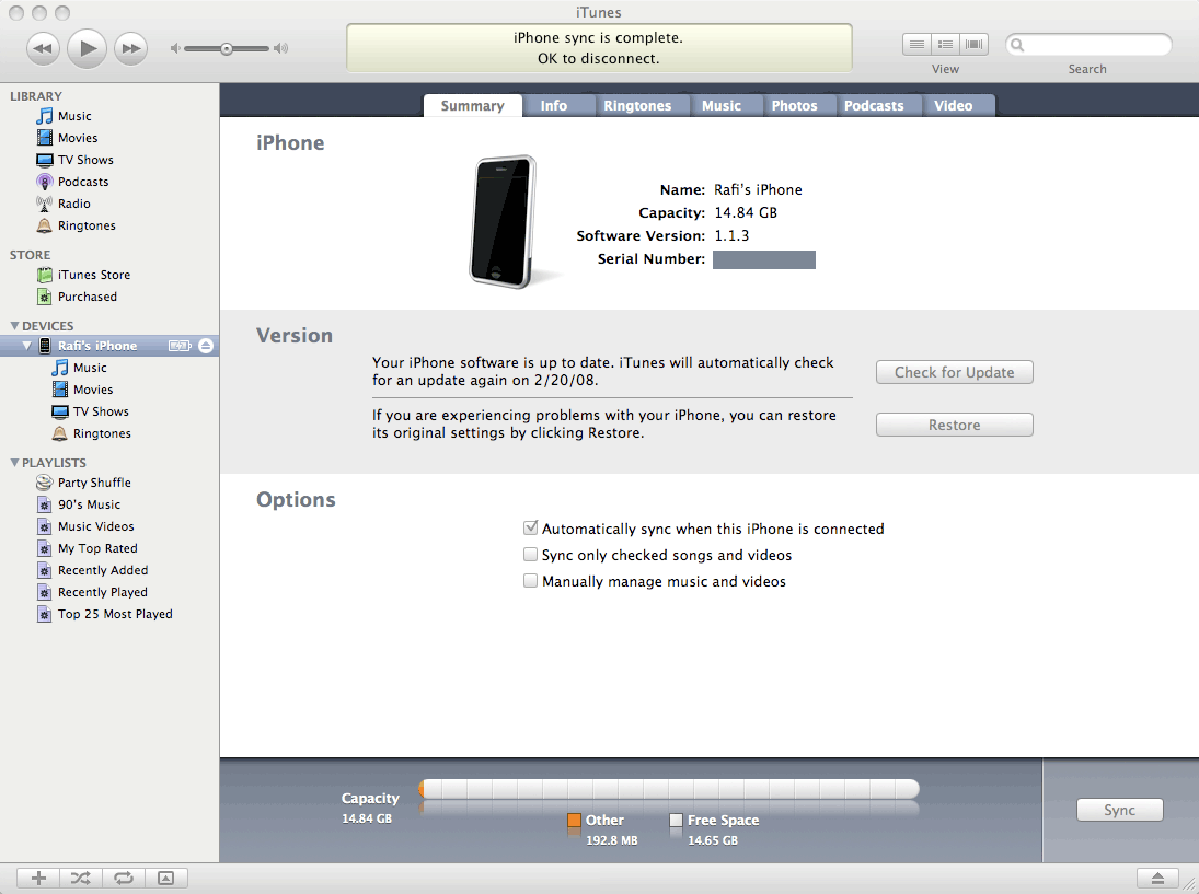 El iPhone conectado y funcionando en iTunes